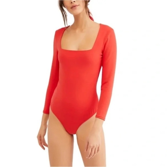 Free People Tops - FREE PEOPLE Intimately Truth or Square Long Sleeve Square Neck Red Bodysuit